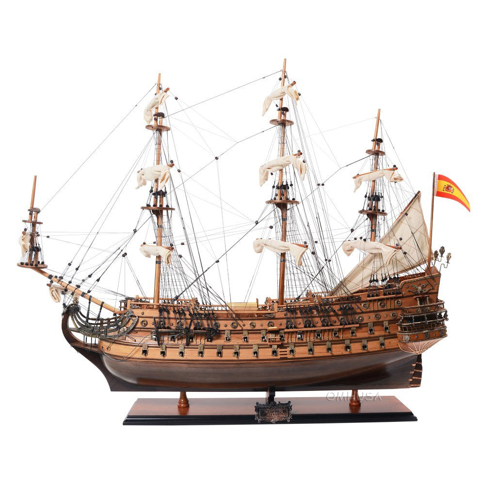 Handcrafted plank-on-frame wooden model ship with full rigging