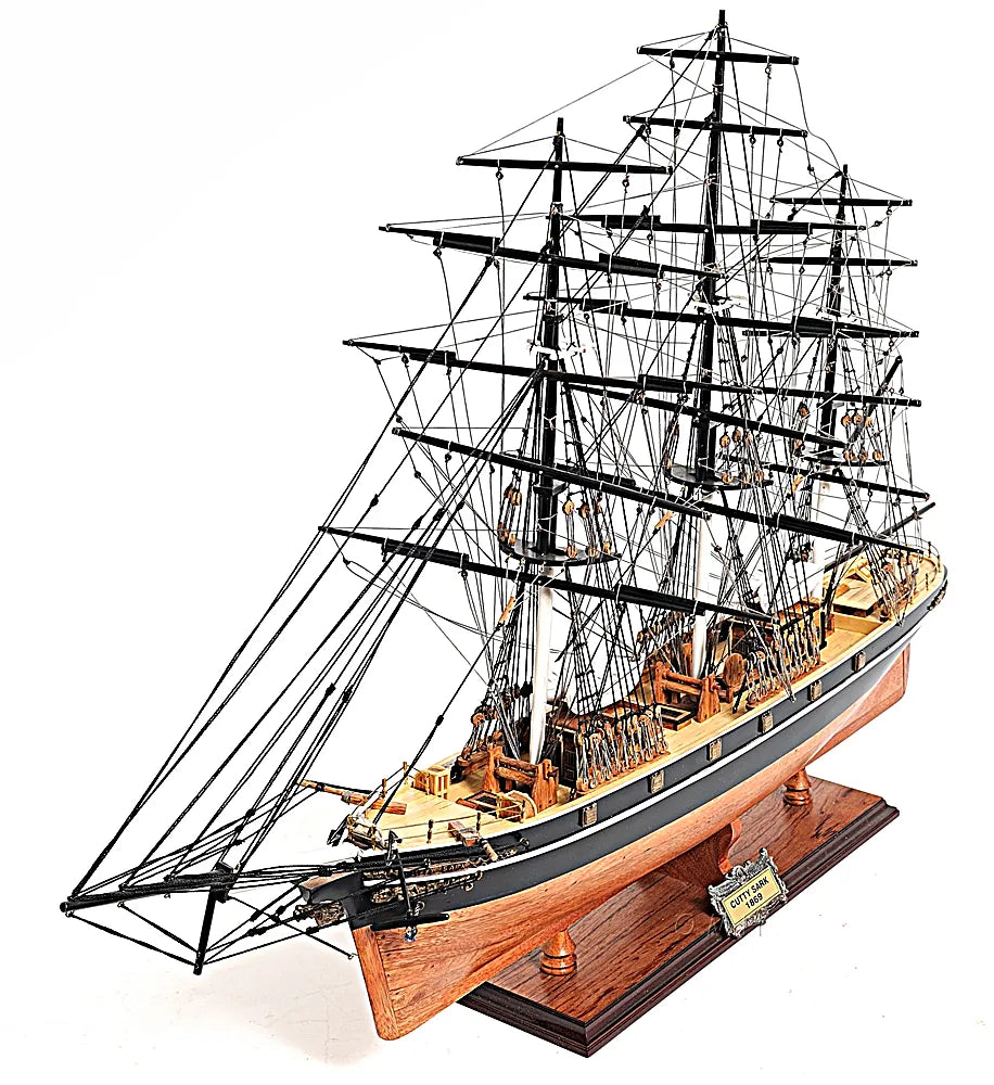 Cutty Sark model ship, stern and rudder detail in handcrafted wood