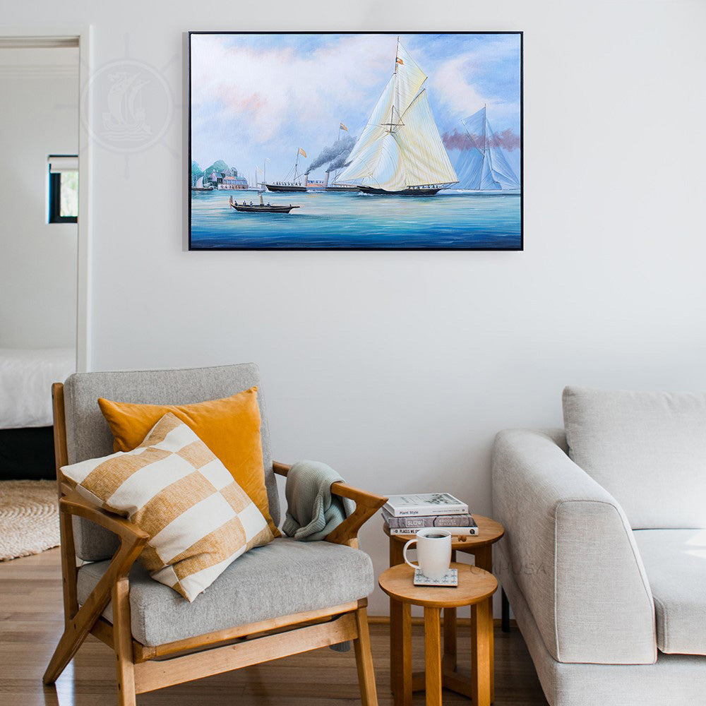 Britannia and Vigilant off the Royal Yacht Squadron's Headquarters - Canvas Painting