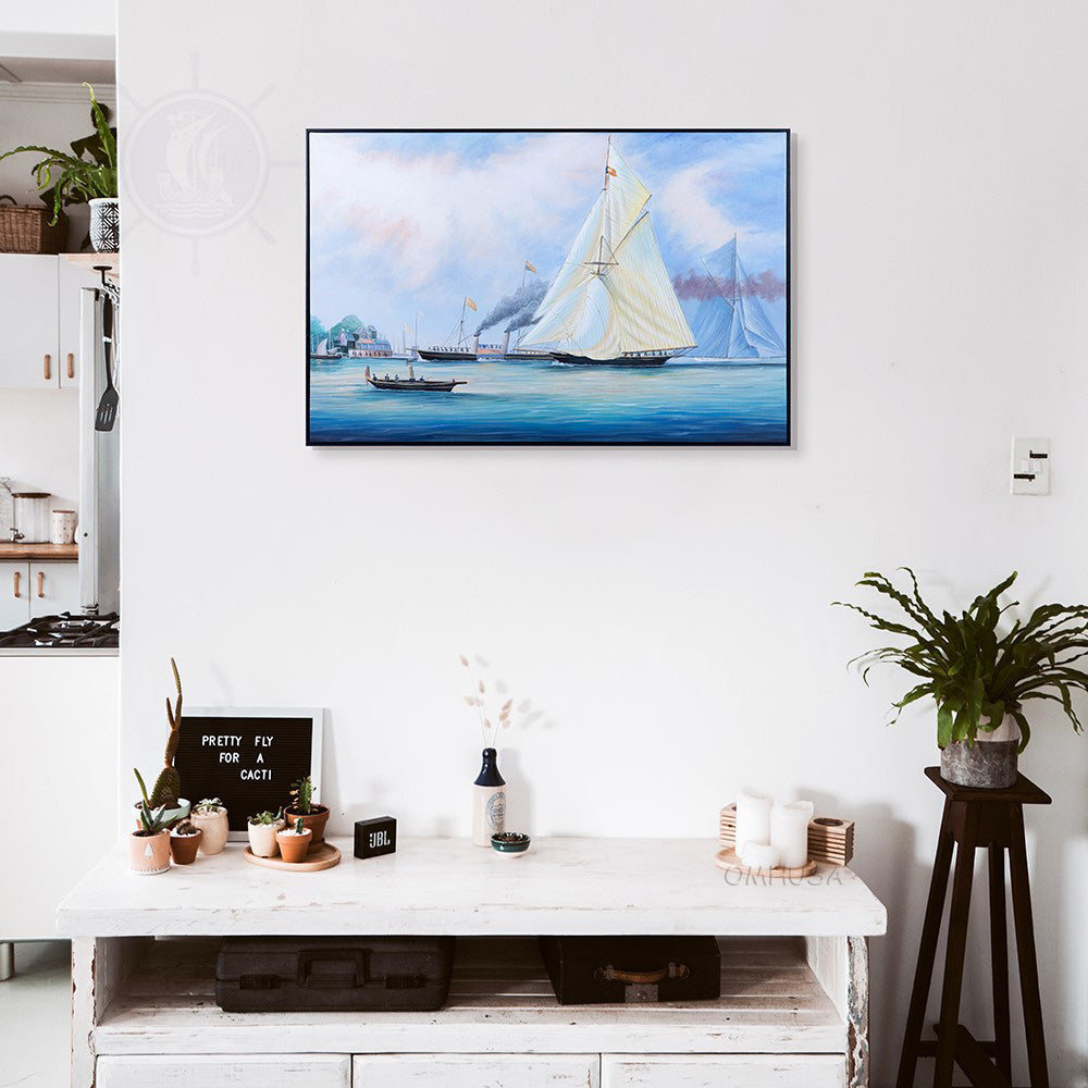 Britannia and Vigilant off the Royal Yacht Squadron's Headquarters - Canvas Painting