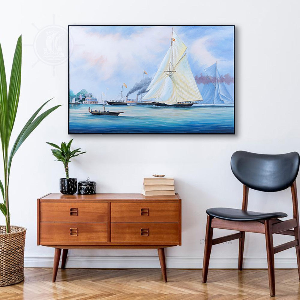 Britannia and Vigilant off the Royal Yacht Squadron's Headquarters - Canvas Painting
