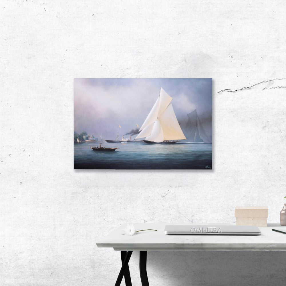 Britannia and Vigilant off the Royal Yacht Squadron's Headquarters - Canvas Print
