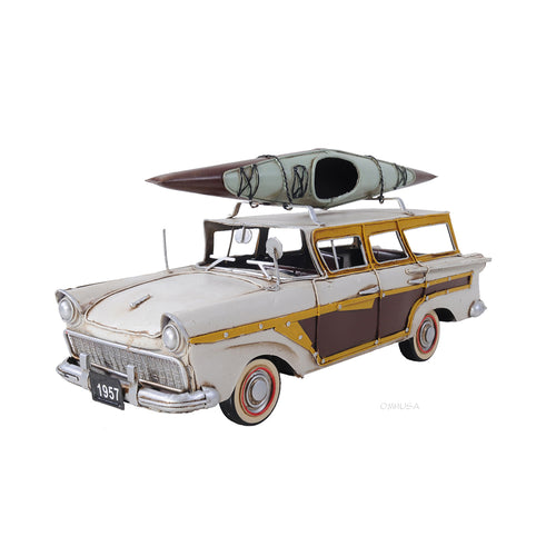 Ford Country Squire woody wagon with kayak, handmade metal model