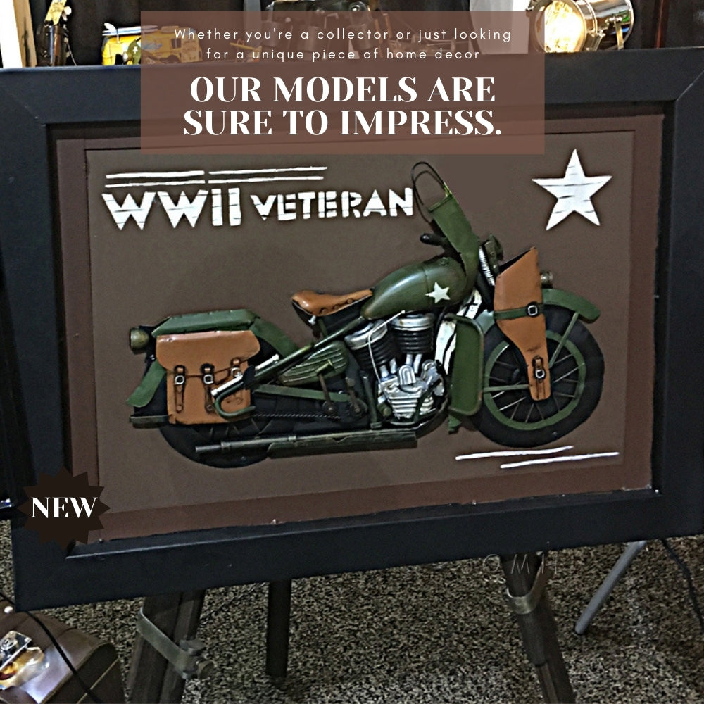 Vintage WWII Motorcycle 3D Painting | Collectible Metal scale model Motorcycle 3D Painting