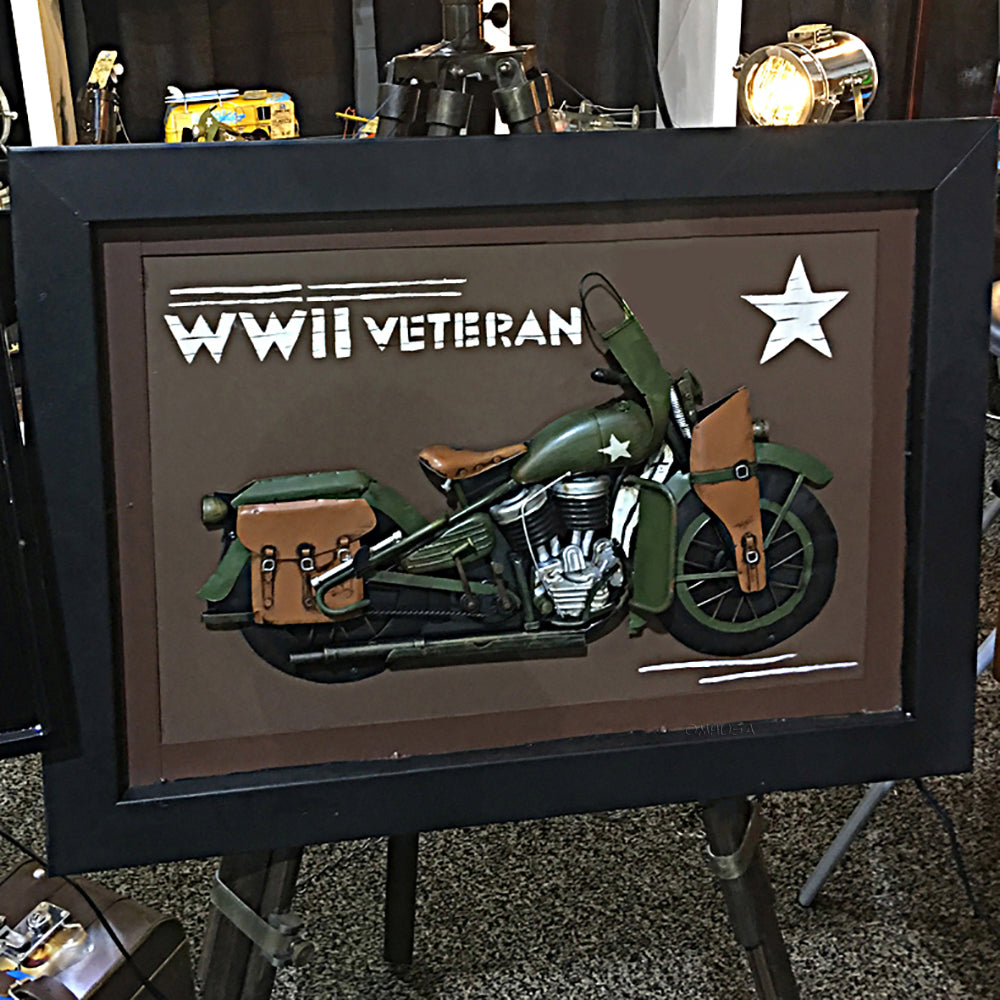 Vintage WWII Motorcycle 3D Painting | Collectible Metal scale model Motorcycle 3D Painting