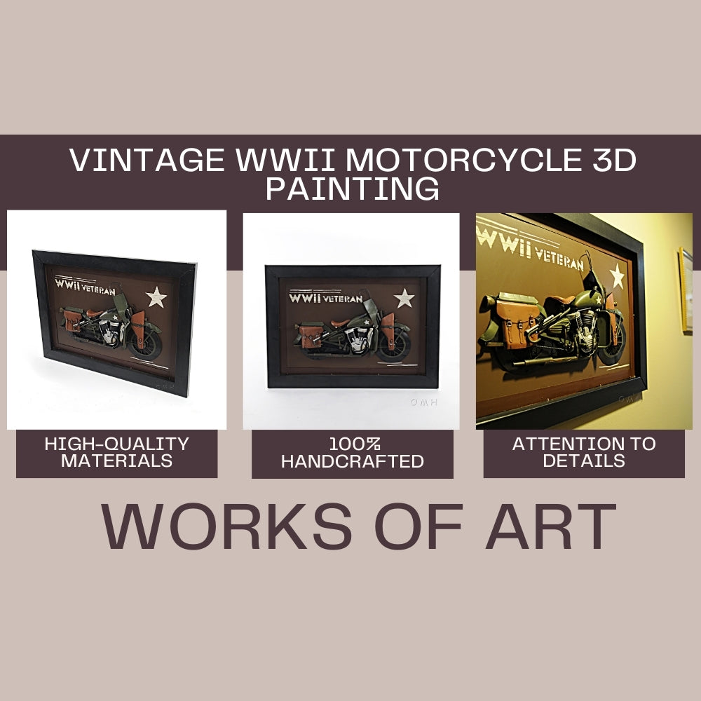 Vintage WWII Motorcycle 3D Painting | Collectible Metal scale model Motorcycle 3D Painting