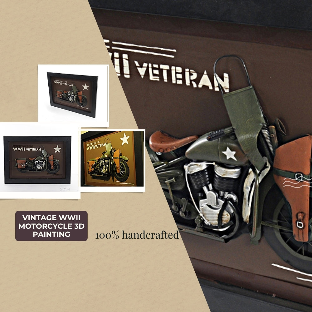 Vintage WWII Motorcycle 3D Painting | Collectible Metal scale model Motorcycle 3D Painting