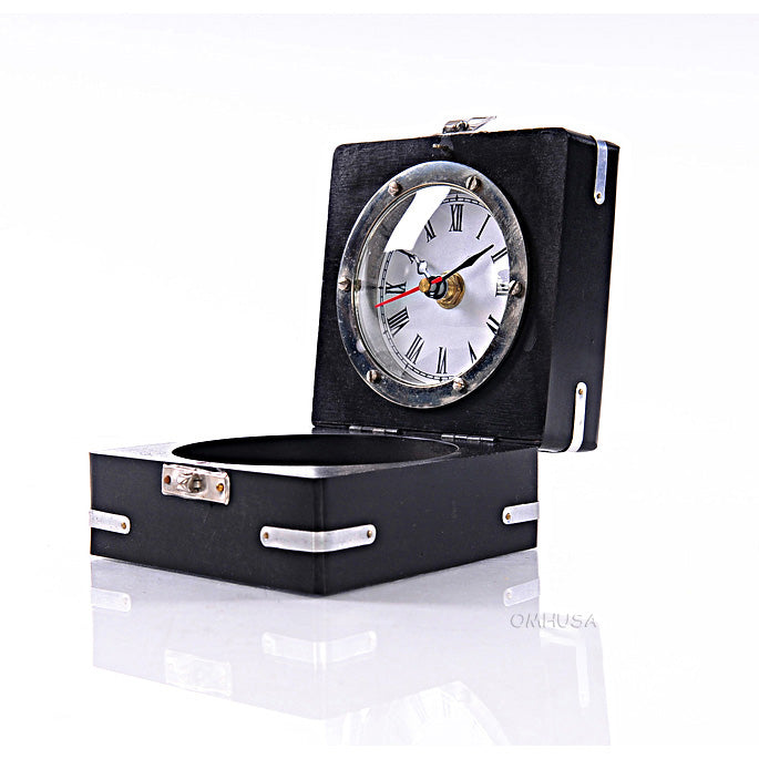Brass Compass & Clock W/Wooden Case