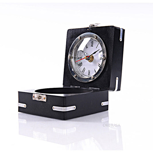 Brass Compass & Clock W/Wooden Case