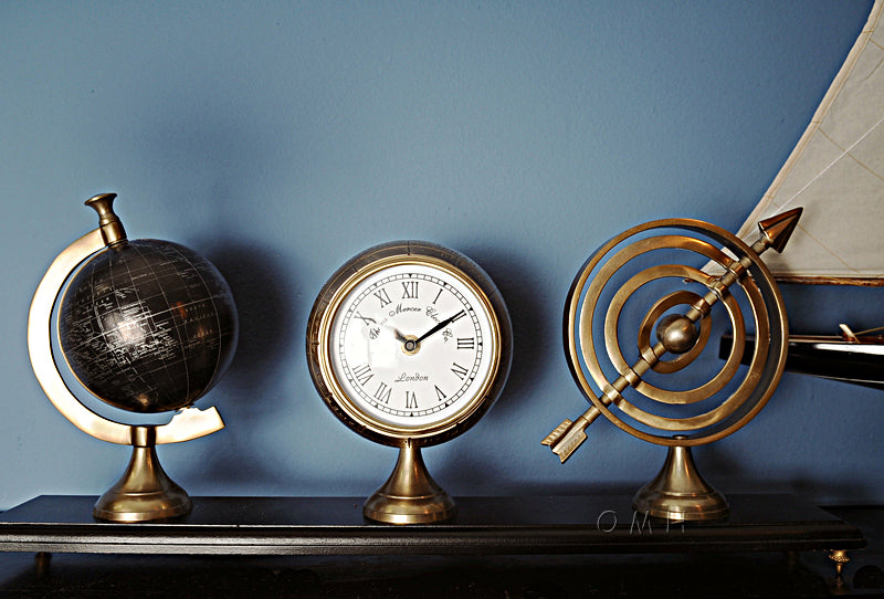 Armillery/Clock & Globe On Wood Base